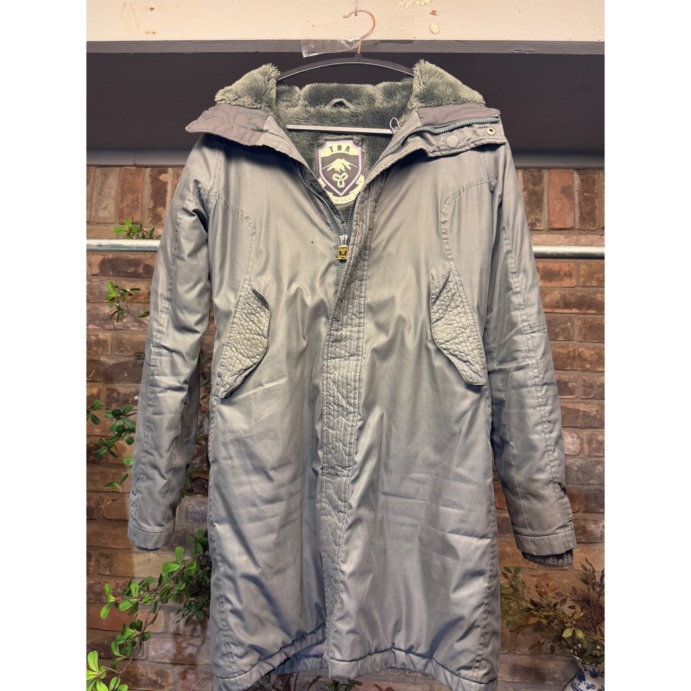 TNA Aritzia Vintage Grey Long Hooded Parka Jacket Faux Fur Lining Small